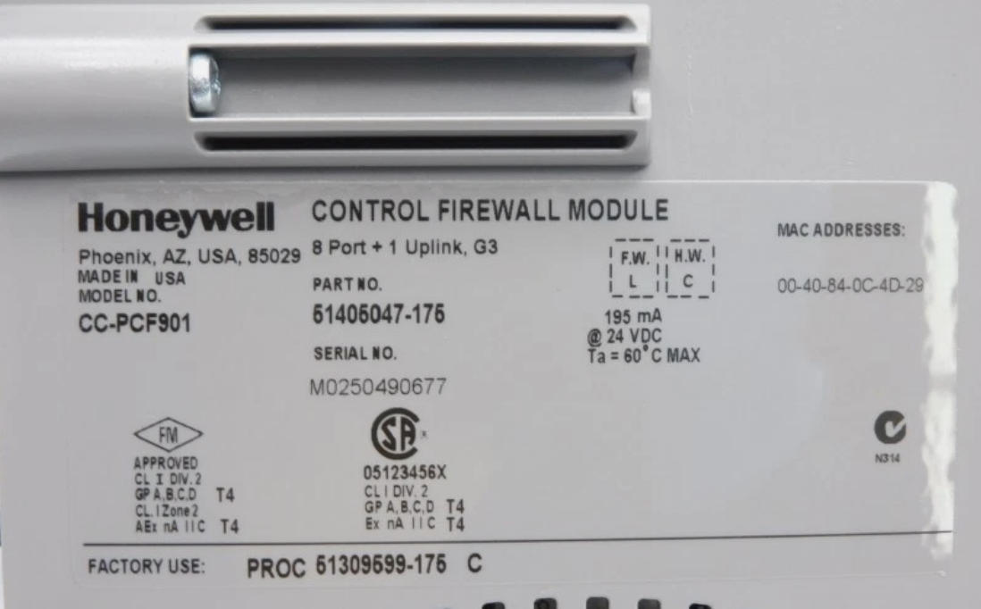 Honeywell CC-PCF901 Control Firewall Module with 24V DC Power Supply for Network Security Protection and FTE Network Distribution